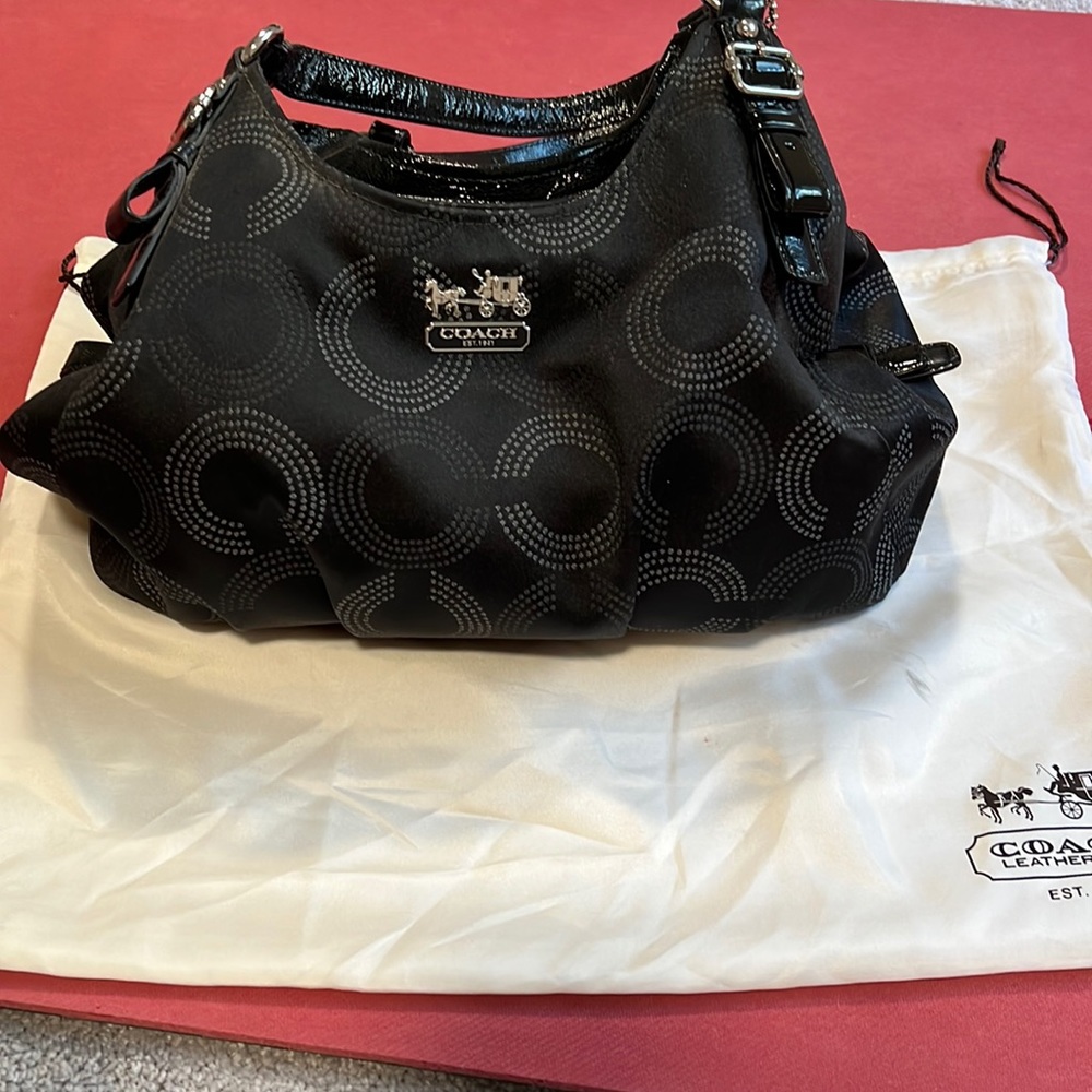 Coach Handbag. Black with black patten straps and trim.